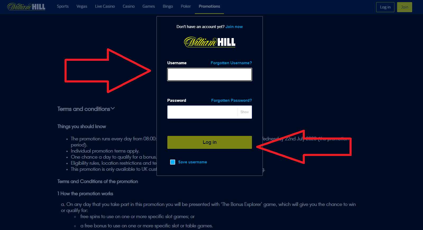login to your account on the site William Hill